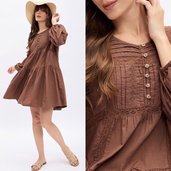 LUCKY BRAND Brown Lace Detail Boho Tiered Mini Peasant Dress - Picture 1 of 7